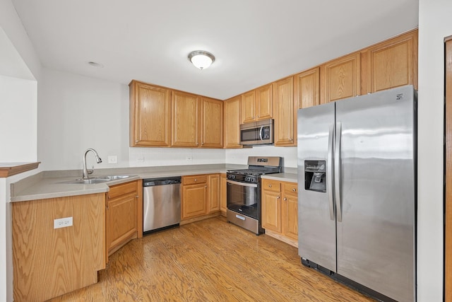 kitchen with light wood-type flooring, stainless steel appliances, and sink