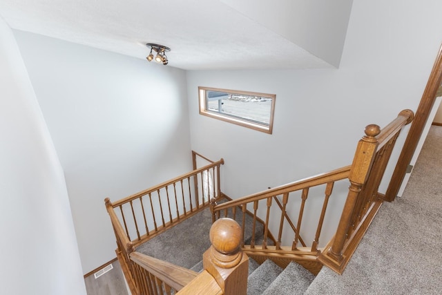 stairs featuring visible vents and carpet