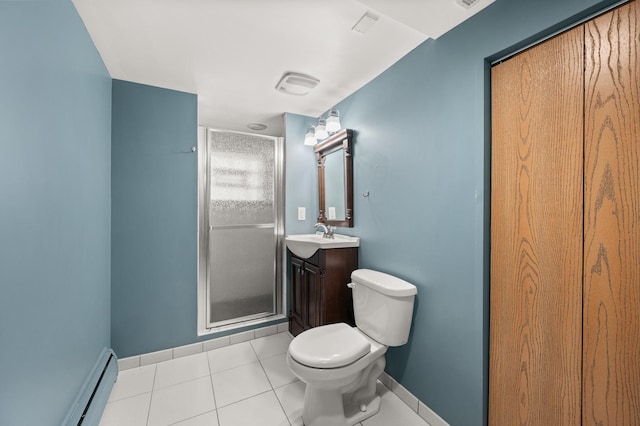 bathroom featuring a baseboard heating unit, vanity, tile patterned floors, toilet, and walk in shower