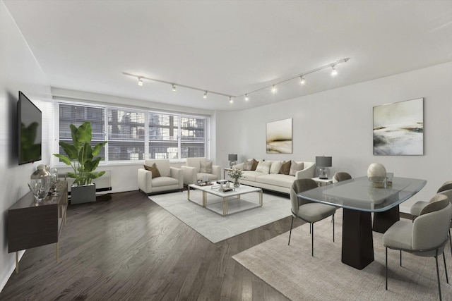 living area featuring baseboards, wood finished floors, and track lighting