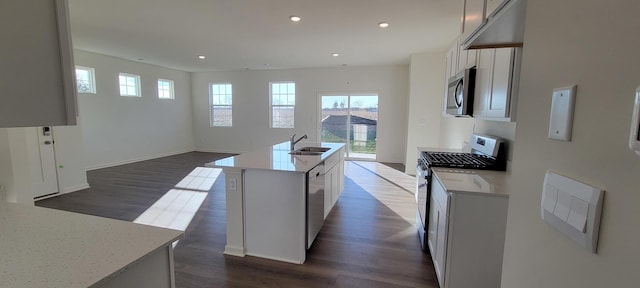 kitchen with dark hardwood / wood-style floors, an island with sink, sink, white cabinets, and stainless steel appliances