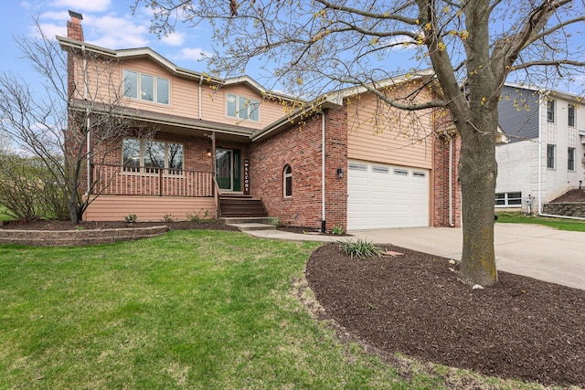 view of front of property with concrete driveway, brick siding, a chimney, a porch, and a front lawn