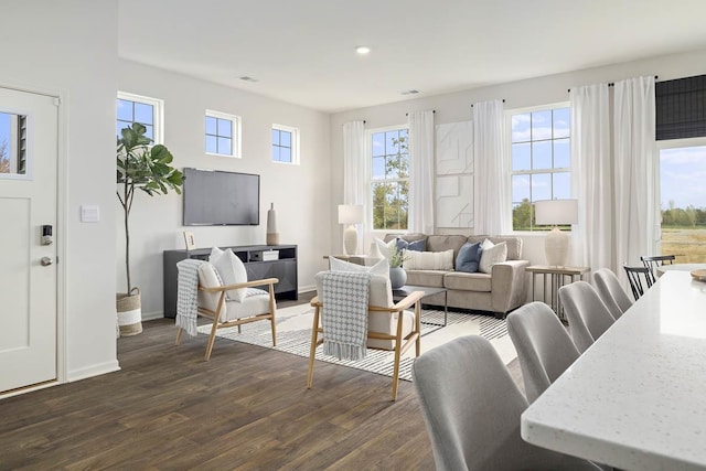 living room with dark hardwood / wood-style flooring