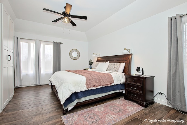 bedroom featuring ceiling fan, dark hardwood / wood-style floors, and a raised ceiling