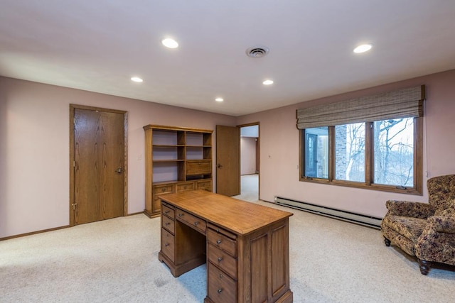 office featuring a baseboard radiator and light colored carpet