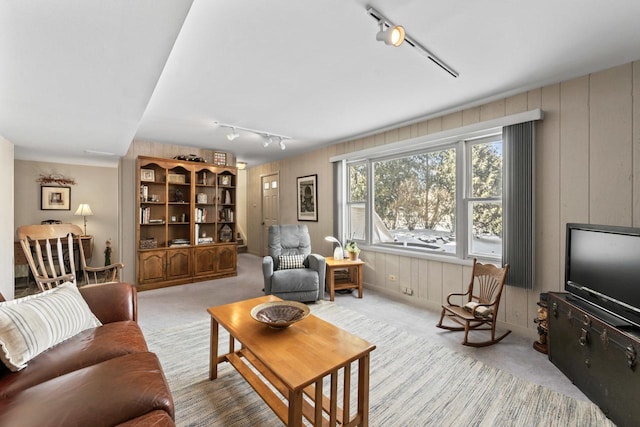 living area with light carpet and track lighting