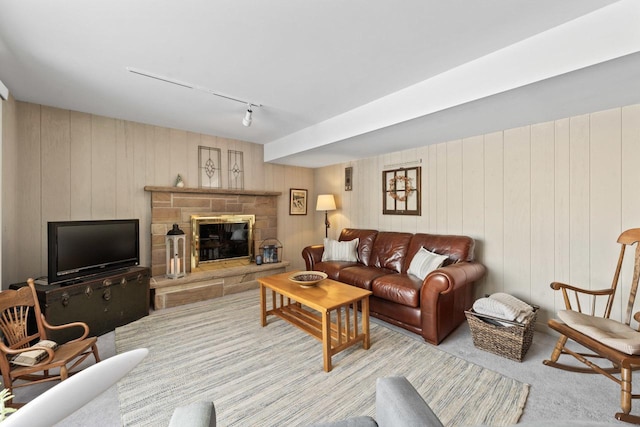 living area featuring carpet, a stone fireplace, and track lighting