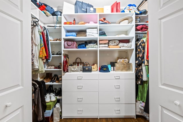 walk in closet with dark wood-style floors