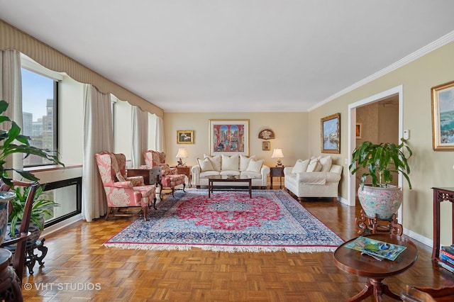 living room featuring ornamental molding and parquet floors