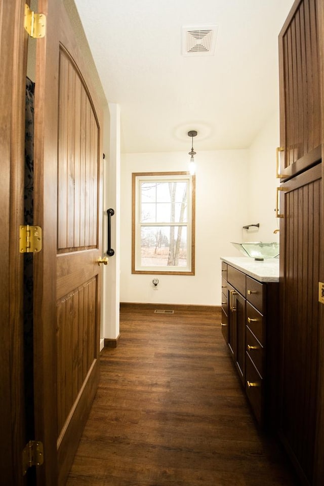 bathroom featuring hardwood / wood-style flooring and vanity