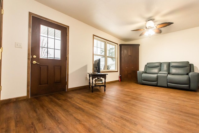 foyer with hardwood / wood-style flooring and ceiling fan