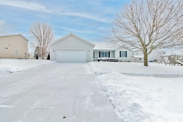 single story home featuring a garage and a playground