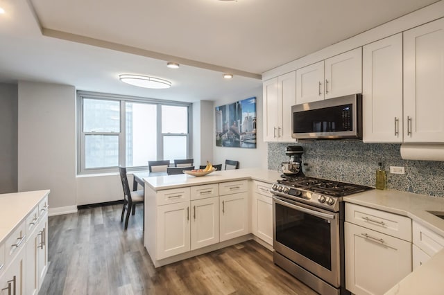 400 E Randolph St Unit 2410, Chicago, IL 60601 - kitchen with appliances with stainless steel finishes, a peninsula, light countertops, tasteful backsplash, and dark wood finished floors