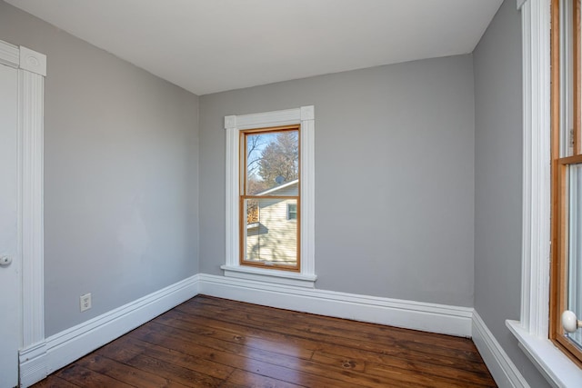 spare room featuring dark wood-style floors and baseboards