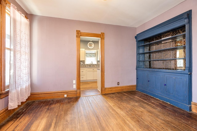 unfurnished room with wood-type flooring, a sink, and baseboards