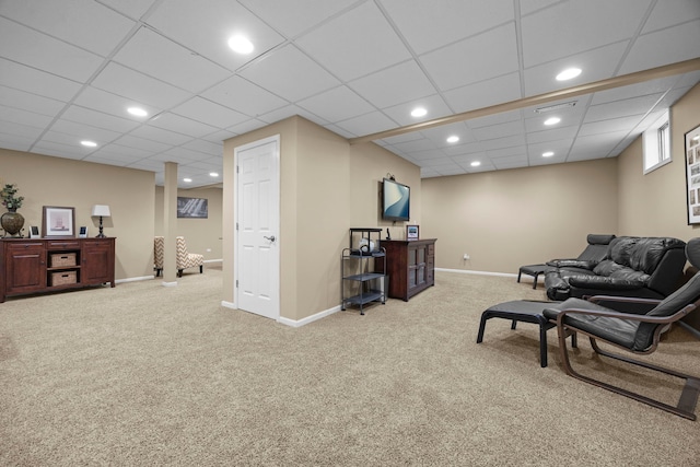 interior space featuring recessed lighting, carpet flooring, visible vents, and baseboards