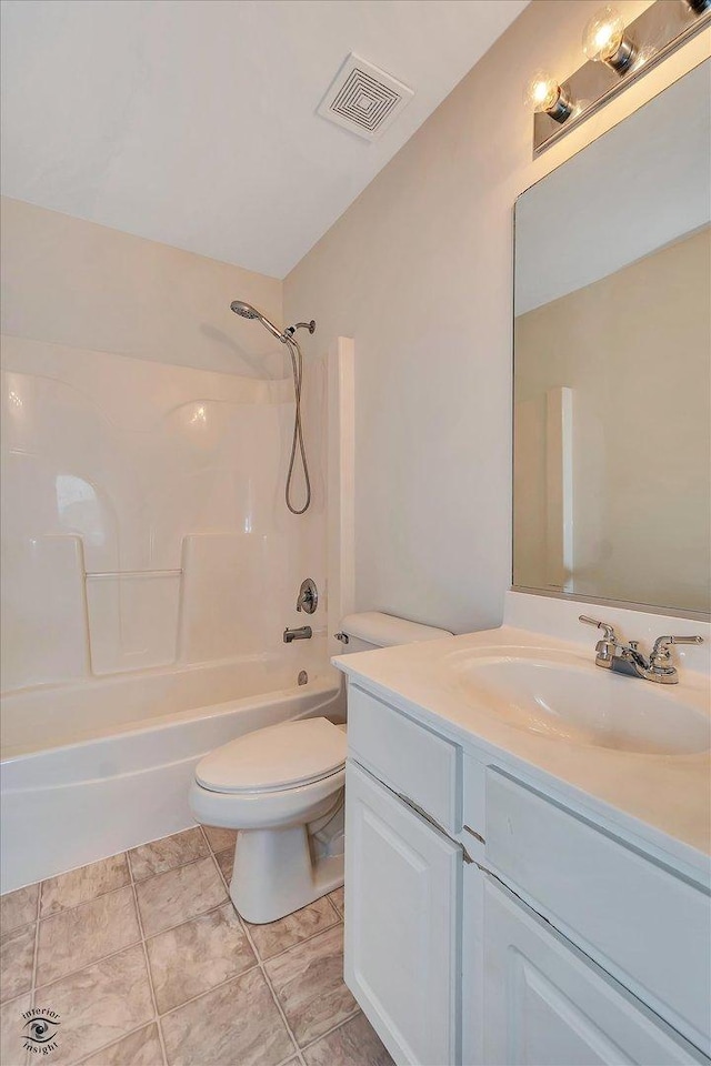 bathroom featuring tile patterned flooring, visible vents, toilet, shower / bath combination, and vanity