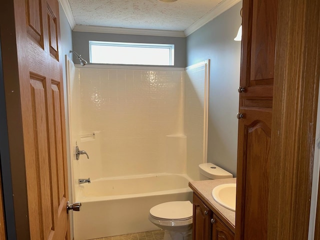 full bathroom with bathtub / shower combination, ornamental molding, vanity, toilet, and a textured ceiling