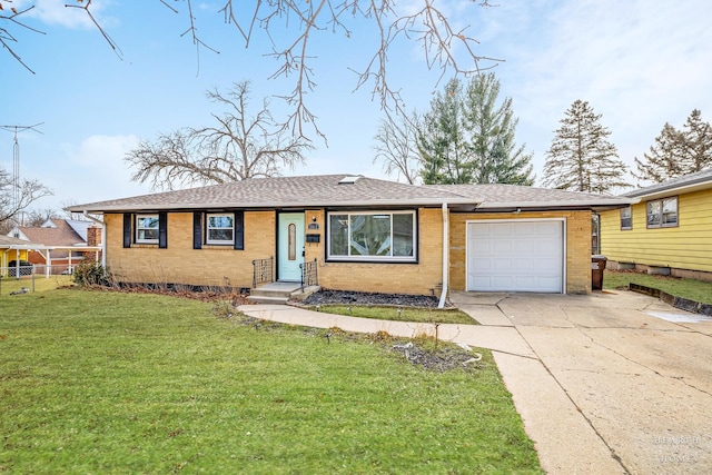 single story home with a garage and a front yard