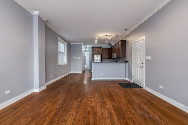 kitchen with dark hardwood / wood-style flooring, crown molding, dark brown cabinets, and stainless steel appliances