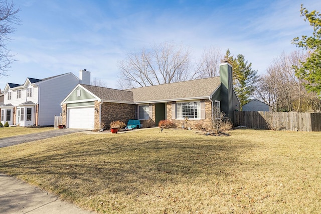 ranch-style house with aphalt driveway, a front yard, a chimney, and fence