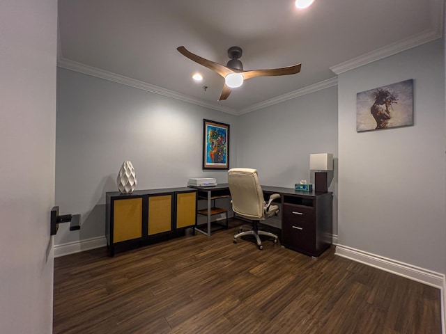 office featuring ornamental molding, dark hardwood / wood-style floors, and ceiling fan