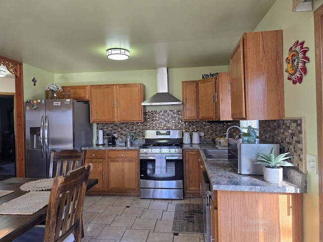 kitchen with wall chimney range hood, backsplash, sink, and appliances with stainless steel finishes