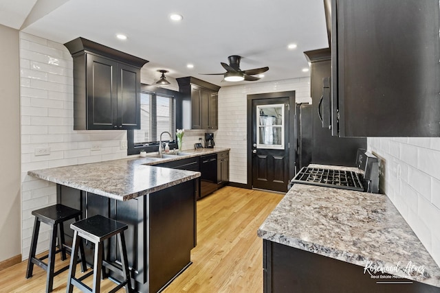 kitchen featuring a peninsula, gas range oven, light wood-type flooring, and a sink