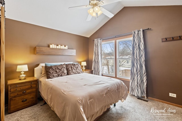 bedroom with vaulted ceiling, carpet flooring, baseboards, and ceiling fan