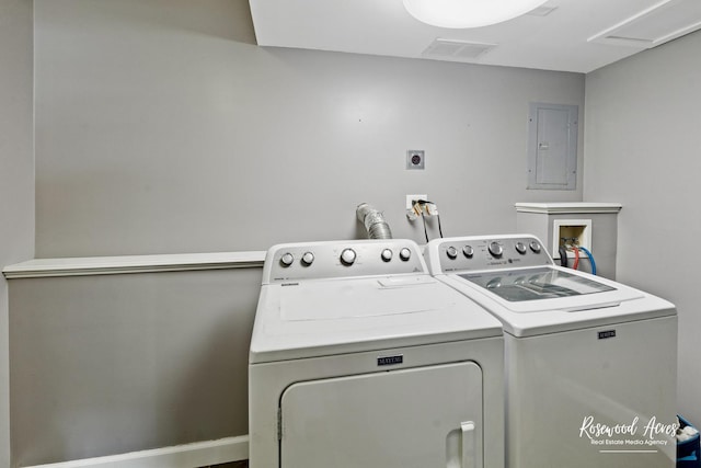 laundry area with laundry area, electric panel, and washing machine and clothes dryer