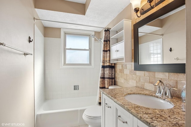 full bathroom with a textured ceiling, toilet, vanity, decorative backsplash, and shower / bath combination with curtain