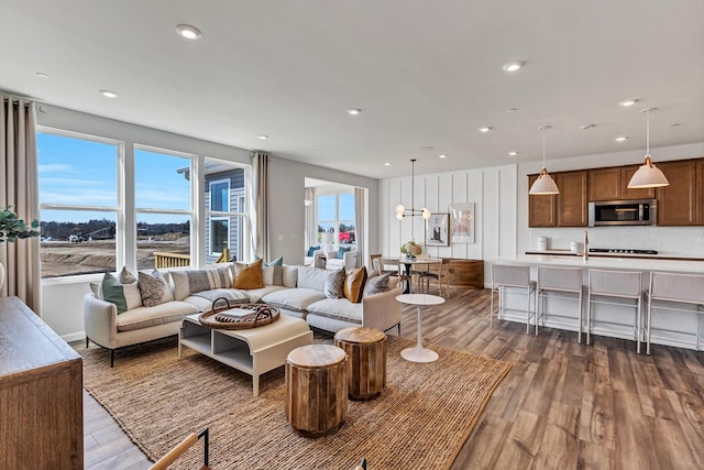 living room with dark wood-type flooring