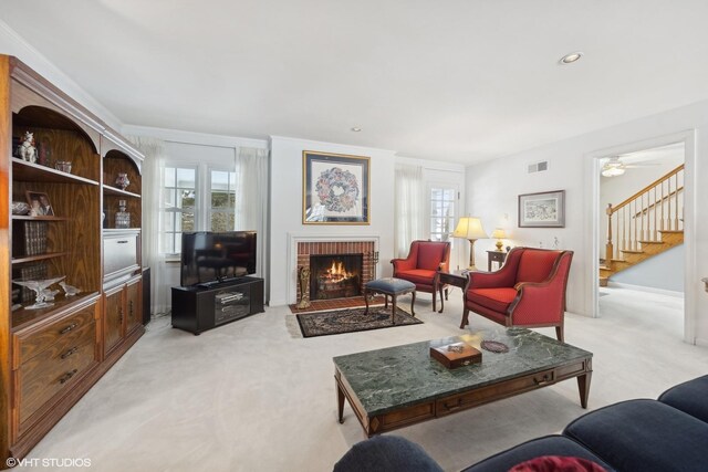 267 Merton Ave, Glen Ellyn, IL 60137 - living area featuring light carpet, a fireplace, stairs, a ceiling fan, and recessed lighting