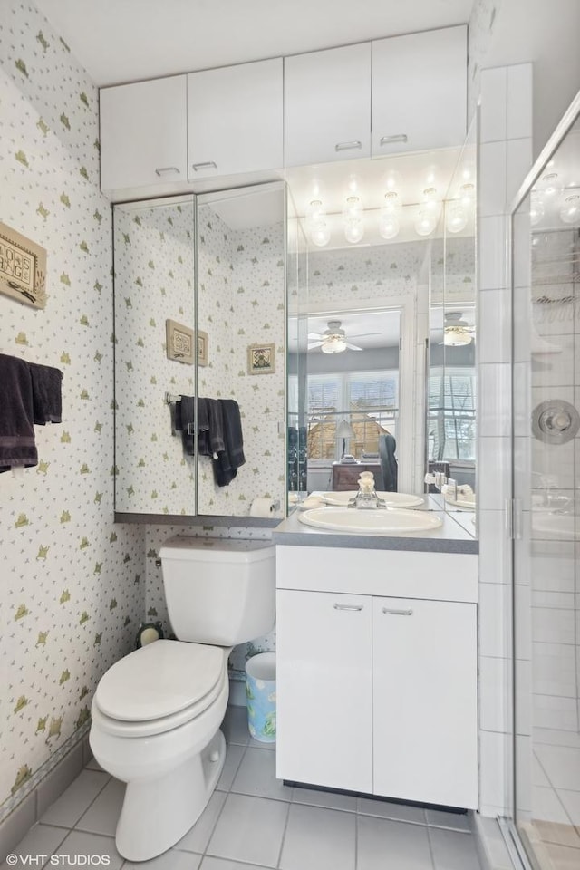267 Merton Ave, Glen Ellyn, IL 60137 - bathroom featuring wallpapered walls, tile patterned floors, vanity, toilet, and a ceiling fan