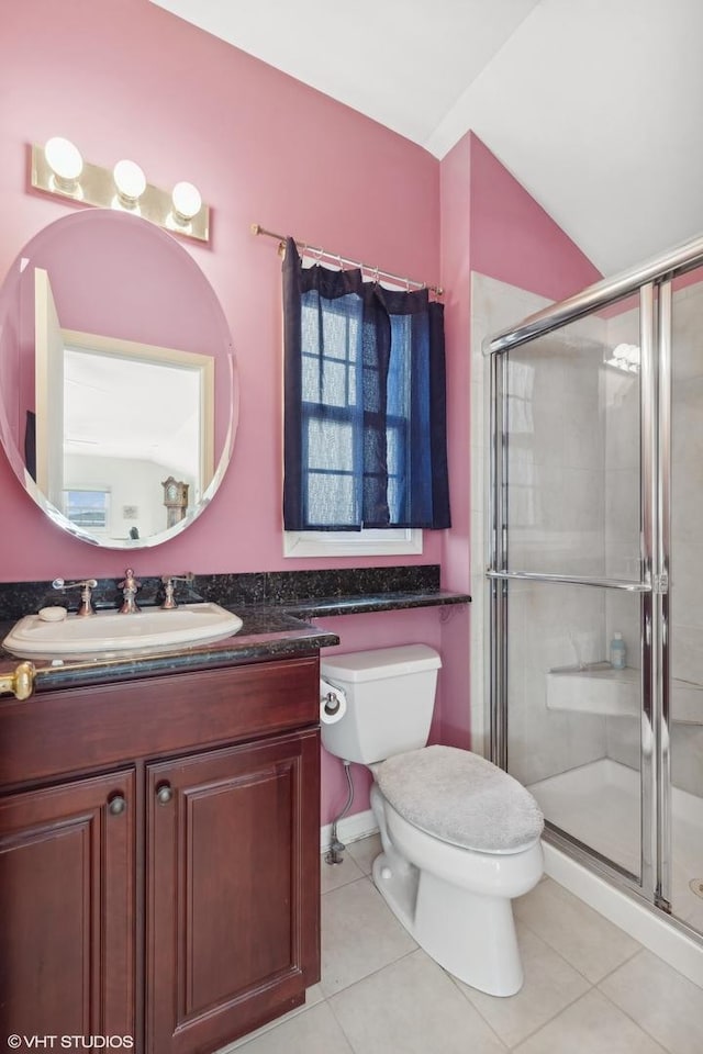 267 Merton Ave, Glen Ellyn, IL 60137 - full bath featuring toilet, vanity, a stall shower, tile patterned flooring, and lofted ceiling