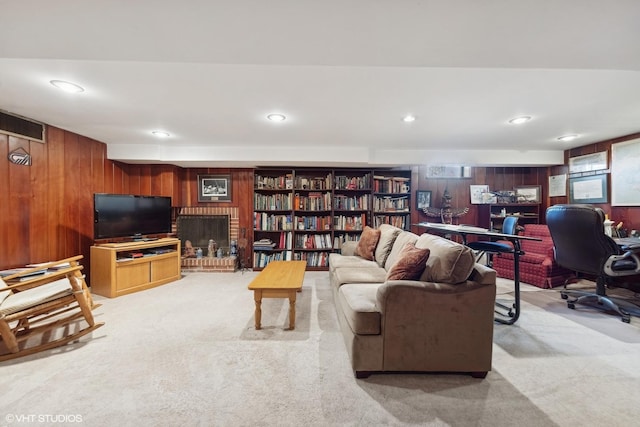 267 Merton Ave, Glen Ellyn, IL 60137 - living room with wooden walls, light carpet, a desk, and recessed lighting