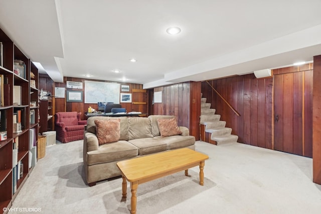 267 Merton Ave, Glen Ellyn, IL 60137 - carpeted living room with wood walls, stairs, and recessed lighting