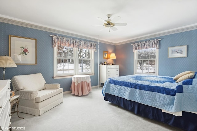 267 Merton Ave, Glen Ellyn, IL 60137 - carpeted bedroom featuring ornamental molding, wallpapered walls, and a ceiling fan