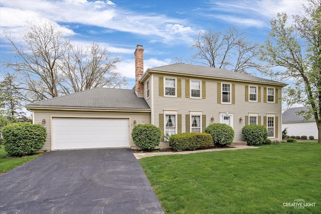 colonial home with a chimney, asphalt driveway, a garage, and a front yard