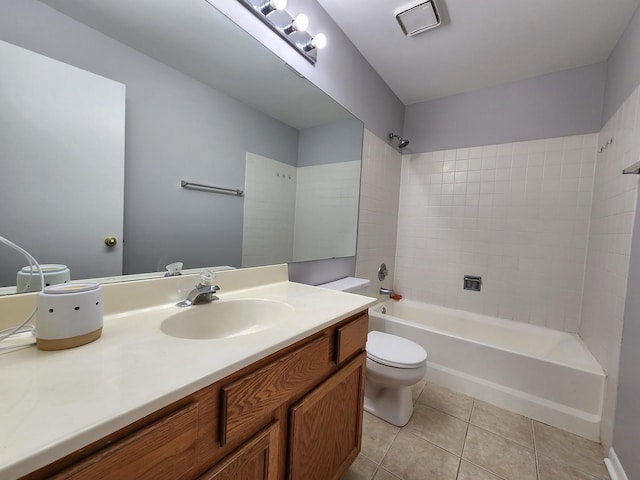 bathroom with vanity, shower / bathing tub combination, tile patterned flooring, and toilet