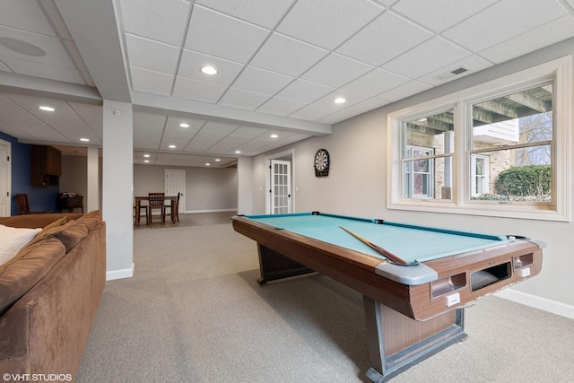 recreation room with a paneled ceiling, light colored carpet, and billiards