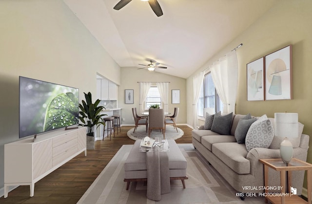 living room featuring lofted ceiling, dark wood-type flooring, and ceiling fan