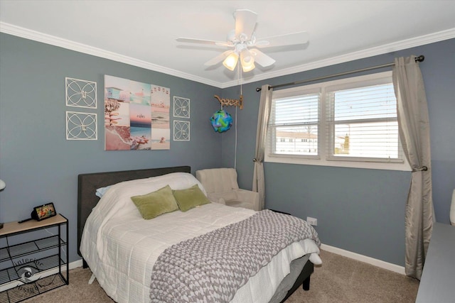 bedroom with ornamental molding and light colored carpet