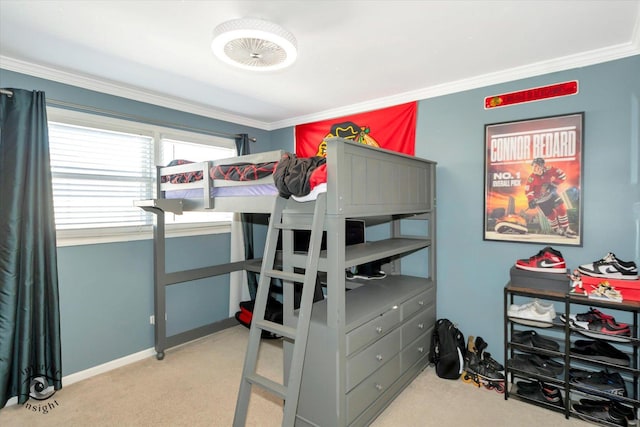 bedroom with baseboards, ornamental molding, and light colored carpet