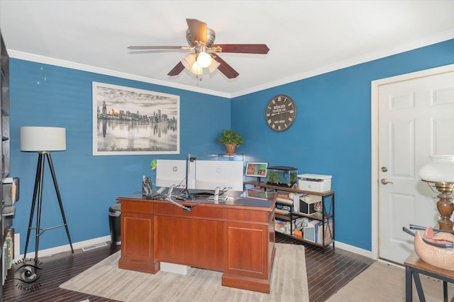 home office with ceiling fan, wood finished floors, and baseboards