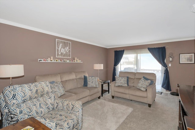 living area featuring light carpet and crown molding