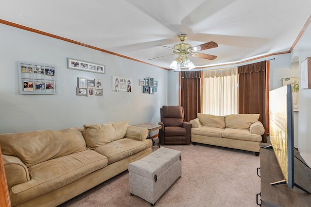 carpeted living area with a ceiling fan and ornamental molding