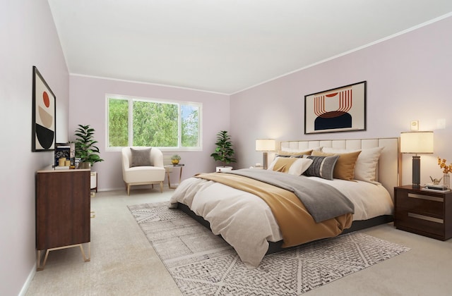 carpeted bedroom featuring crown molding