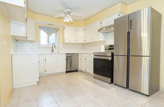 kitchen with sink, white cabinets, ceiling fan, stainless steel appliances, and backsplash