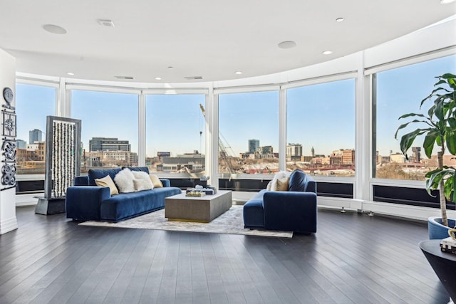 living room featuring a wealth of natural light, a view of city, and hardwood / wood-style floors